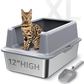 BETOPET Stainless Steel Litter Box - Extra Large Easy Cleaning Metal Cat Litter Box with lid High Sides Enclosure and Litter Scoop for Kittens/Small/Medium/Large Fat Cats- Grey