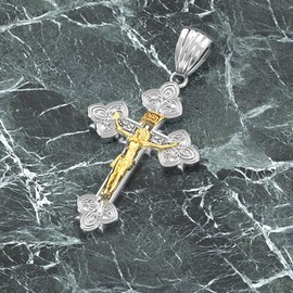 US Jewels Men's 37mm 925 Sterling Silver High Polished Fleur-De-Lis Crucifix Cross Pendant 3.2mm Figaro Necklace, 24in