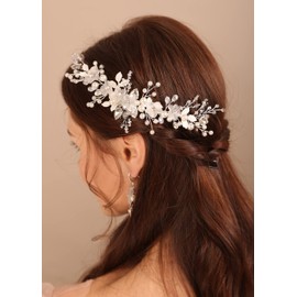 Deniferymakeup Flower Bride Wedding Hair Vine and Earrings Pearl Bridal Hair Accessories Leaf Wedding Headpiece Jewelry for Women and Girls