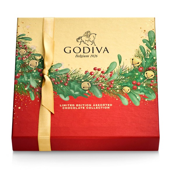 Godiva Assorted Chocolate Holiday Gift Box - 9 Piece Limited Edition Gourmet Chocolate Candy Gift Box in a Red, Gold and Green Garland Festive Design