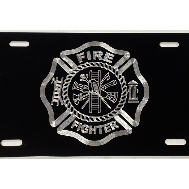 Firefighter Emblem Engraved Car Tag Diamond Etched on Black Aluminum