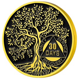 Gold Plated Sobriety Coin with Twisted Tree of Life Design - AA Chips and Alcoholics Anonymous Gifts - Perfect for Celebrate Recovery and Sobriety Gifts