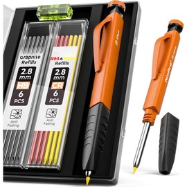 6 Pack Upgraded 3-IN-1 Carpenter Pencil Set with Finger Grip, Construction Pencils with 54 Refill & Mini Spirit Level, Deep Hole Carpenter Tool, Mechanical Carpenter Pencil for Woodworking - Colour: 1 PACK