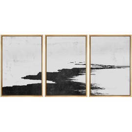 SIGNWIN Framed Canvas Print Wall Art Dark Path Along The Shore Abstract Shapes Illustrations Modern Art Minimalist Relax/Calm Black and White for Living Room, Bedroom, Office - 16"x24"x3 Natural