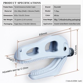 Jurassic T-Rex Guitar Capo - Dinosaur Skull Design with Silicone Teeth, Zinc Alloy Adjustable Clamp for Acoustic/Electric Guitar, Bass, Ukulele & Banjo (White)