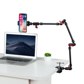 GOINWAVE Adjustable Articulating Magic Arm with Clamp and Phone Holder Clip for Desk Mount, Desk Stand, Cell Phone Tripod