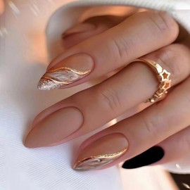 JUSTOTRY 24 Pcs Gold Swirl Almond Press on Nails Short Designs,Glossy Brown and Black False Nails Oval,French Stick on Nails for Women and Teens,Leopard Fake Nails for Nails Art