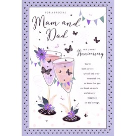 Mam and Dad Anniversary Card - Champagne Glasses and Butterflies - Contemporary Design - Special Finishes and Illustrated Insert Leaf - Made in the UK