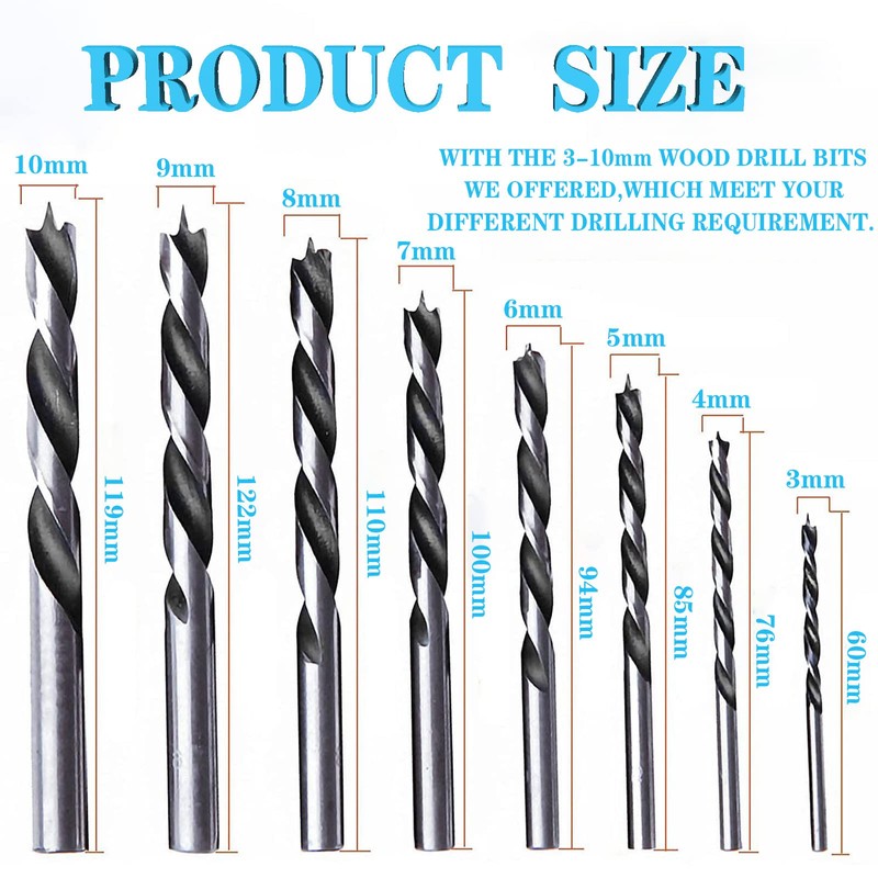 Yuentoen 8 PCS Brad-Point Drill Bits- 3-10mm Spiral Twist Wood