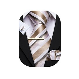 Barry.Wang Men's Silk Business Ties with Handkerchief, Cufflink Stripes Plaid Tie Set, Celebration Wedding, White light brown