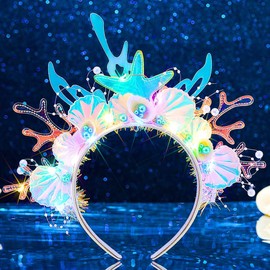 Handcess Light up Shell Crown Headband LED Starfish Hair Band Glowing Mermaid Pearl Costume Hair Hoop Party Rave Hair Accessories for Women