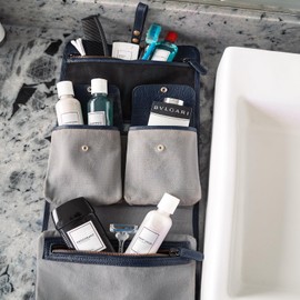 WESLEATH Hanging Leather Toiletry Bag | Water-Resistant Cosmetic Case For Men - Bathroom Dopp Kit Carry On Premium Quality Travel Organizer for Toiletries, Customized Shower Bag (Royal Blue)