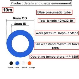 HUAZIZ Blue 6 mm OD 4 mm ID Polyurethane PU Air Hose Pipe Kit 10 Metres 32.8 ft