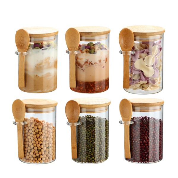 Recceng 6 Pack Glass Jars with Bamboo Lids and Spoons