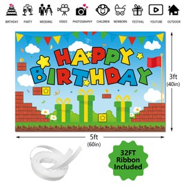 Red Green Theme Happy Birthday Photography Backdrop, 5x3ft Video Game Background Photo Booth Banner Props for Kids Girls Boys Birthday Baby Shower Holiday Party Decorations Supplies