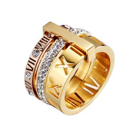 PAMTIER Women's Stainless Steel with Cubic Zirconia Roman Numerals 3 in 1 Ring Rose + Gold Size P 1/2