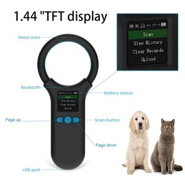 Rabitpos Pet Microchip Scanner, Animal Universal Microchip Tag Reader Scanner with 1.44” TFT Screen, 500 Pieces Data Storage, 800mAh Rechargeable Battery, 3-in-1 Connections