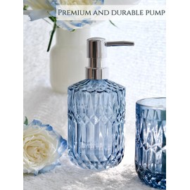 LaMarriti Blue Bathroom Accessories Set, 5Pcs Clear Glass Bathroom Accessories, Hand Soap Dispenser, Soap Dish, Toothbrush Holder Set, Qtips Holder for Crystal Vintage Bath Countertop Decor, Gift Set