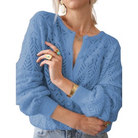 MINSURE Women Lightweight Crochet Cardigan Sweaters Button Up Long Sleeve Openwork Knit Cover Up 2025 Fall Trendy Outfits(Blue-L)