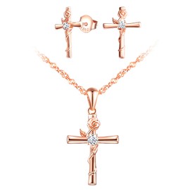 INFINIONLY Women's Girls Pendant and Earrings, 925 Silver Jewellery Sets, Classic Cross Necklace Earrings, Rose Cross Pendant Earrings, Women's Jewellery Set, Inlaid Zirconia, Rose Gold, Silver, Cubic
