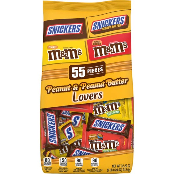 SNICKERS & M&M'S Peanut & Peanut Butter Lovers Fun Size Chocolate Candy Variety Mix 32.2-Ounce 55-Piece Bag