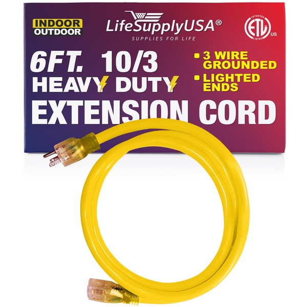 6 ft Power Extension Cord Outdoor & Indoor Heavy Duty 10 Gauge/3 Prong SJTW (Yellow) Lighted end Extra Durability 15 AMP 125 Volts 1875 Watts ETL Listed by LifeSupplyUSA