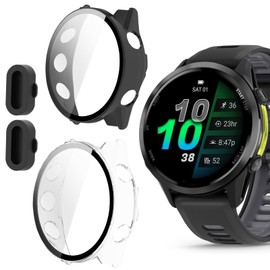 Compatible for Garmin Forerunner 970 Case with Dust Plug, Lamshaw Hard PC Case with Tempered Glass Screen Protector with Silicone Dust Plug Compatible with Garmin Forerunner 970 (2 Pack-Black+Clear)