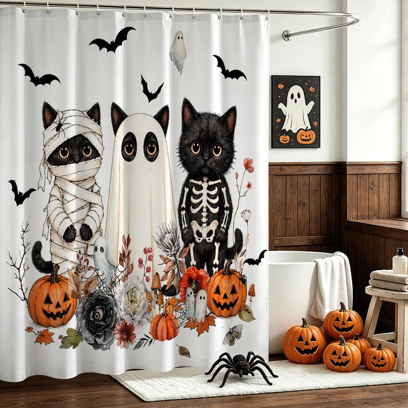 Lindameler Funny Halloween Shower Curtain Spooky Ghost Black Cat Shower