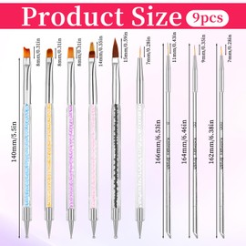 9 Pcs Nail Brushes for Nail Art, Dual-Ended Dotting Pens Nails Art Liner Painting Brushes Professional Nailarts Brush Kit for Women & Beginners UV Gel Nails Designs Home Salon