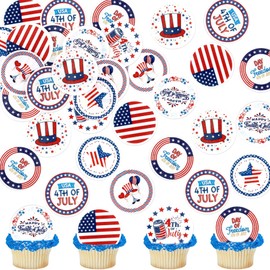 Ouksma 4th of July Edible Cupcake Topper 56 pcs,Flag Star USA Patriotic Cupcake Topper American Independence Day Them 8 Designs Cartoon (Star)