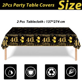 2Pcs Black Gold Happy 40th Birthday Party Table Cloth,137*274cm Plastic 40th Birthday Table Decorations for Men Women Birthday Table Cloth Disposable Tablecover for 40th Him,Her Birthday Gifts Party