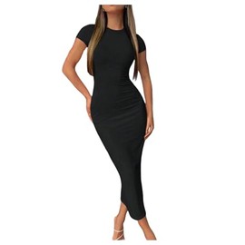 Floerns Women's Short Sleeve Bodycon Midi Dress Crew Neck Solid Y2k Dresses Black Large