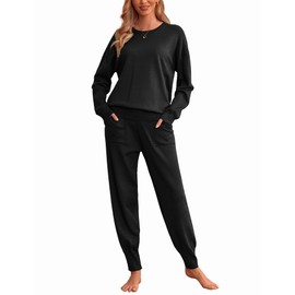 Ekouaer Women's 2 Piece Lounge Set Long Sleeve Knit Pajamas Sweatsuit Jogger Pant Outfits With Pockets,Black,Medium