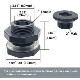 ANPTGHT NPT 2" PVC Bulkhead Fitting, Female Plastic Water Tank Connector Adapter Fitting with Plugs for Outdoor Rain,Barrel Garden Hose Adapter Spigot kit,Water Tank,Drain Bucket (Set of 1)