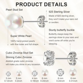 6 Pairs 925 Sterling Silver Stud Earrings for Women, Hypo-allergenic Pearl Earring Cubic Zirconia Stud Earrings Set, Dainty Small Studs Earring Sets for Multiple Piercing