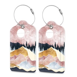 Art Mountains Luggage Tags 2PCS PU Leather Suitcases Tag with Stainless Steel Loop and Privacy Name Address Cover Label Card for Women Men Travel