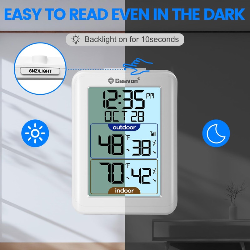 Geevon Digital Hygrometer Indoor Outdoor Thermometer Wireless with Clock, Backlight