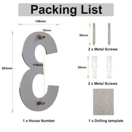 Large Brushed Modern House Number -8 Inch 203mm Height, Made of Solid 304 Stainless Steel, Floating Appearance and Easy to Install (Number 3 Three)