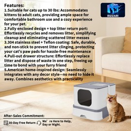 RIZZARI Stainless Steel Cat Box: Enclosed Design with High Walls - Light Gray - Teflon Non-Stick Coating - Large Anti Leakage Litter Pan for Odor Control for Living Room Garage