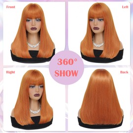 XCHJH Orange Bob Wigs for Women Short Straight Ginger Bob Hair Wig with Bangs,16 Inch Shoulder Length Synthetic Colored Hair Replacement Wig for Daily Party Cosplay Use