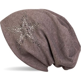 styleBREAKER 04024087 Women's Beanie Hat with Rhinestones Studs Star and Gemstones Silver Anthracite - Beanie Brown mottled