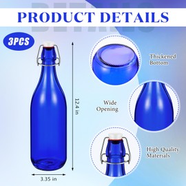 Teenyyou 3 Pcs Cobalt Blue Glass Bottle 1 L / 33.75 oz Decorative Bottles Blue Glass Flip Top Water Bottles with Airtight Lid for Homemade Wine DIY Make Your Own Drinks