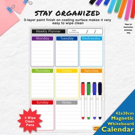Magnetic Whiteboard for Fridge: Multi-Functional Portrait Weekly Planner, Meal Planner, and Calendar, 42x30cm with Colourful Erasable Pens