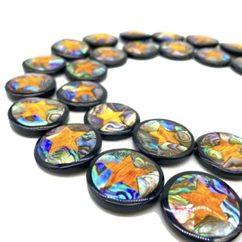 ABCGEMS Sunset Spiny Oyster, Gigantic Rainbow Abalone (2 Rare Shells Inlaid with Rich-Black Resin) - Deep Ocean Seashell DIY Necklace Earring Jewelry Making - 25mm Coin, 15-16 Beads