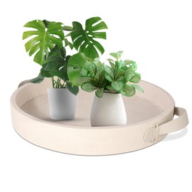 Round Decorative Serving Tray with Handles Coffee Table Tray Leather Large Serving Ottoman Trays for Living Room Table Candle Decorations 15 Inch(White)