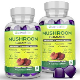 Essentialife Mushroom Gummies Lions Mane Supplement Mushroom Supplement with Lions Mane, Turkey Tail, Cordyceps, Reishi, Chaga Extract | Brain Health and Immune Support Gummies, 120 Count