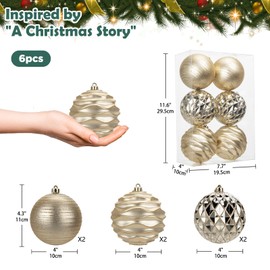 Hollyone 10CM Large Christmas Baubles, 6PCS Champagne Gold Baubles for Christmas Tree Decorations, Giant Xmas Balls Christmas Hanging Ornaments for Wedding Party Tree Decor