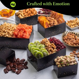 NUT CRAVINGS Gourmet Collection - Happy Birthday Treats, Nuts & Dried Fruits Tower Gift Basket with Bday Ribbon (12 Assortments) Food Arrangement, Healthy Snack Care Package, Food Assortments