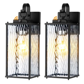 Sparluvix 2-Pack Dusk to Dawn Outdoor Lighting with Water Ripple Glass, IP65 Waterproof Matte Black Front Porch Lights Photocell Sensor Exterior Light Fixtures Outdoor Wall Sconces Coach Lights