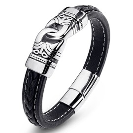 AIZU Viking Bracelet for Men - Black Leather and Stainless Steel Bracelets with Silver Magnetic Clasp - Charm Cuff Bangle Wristband for Men, Son or Husband 8.3inches